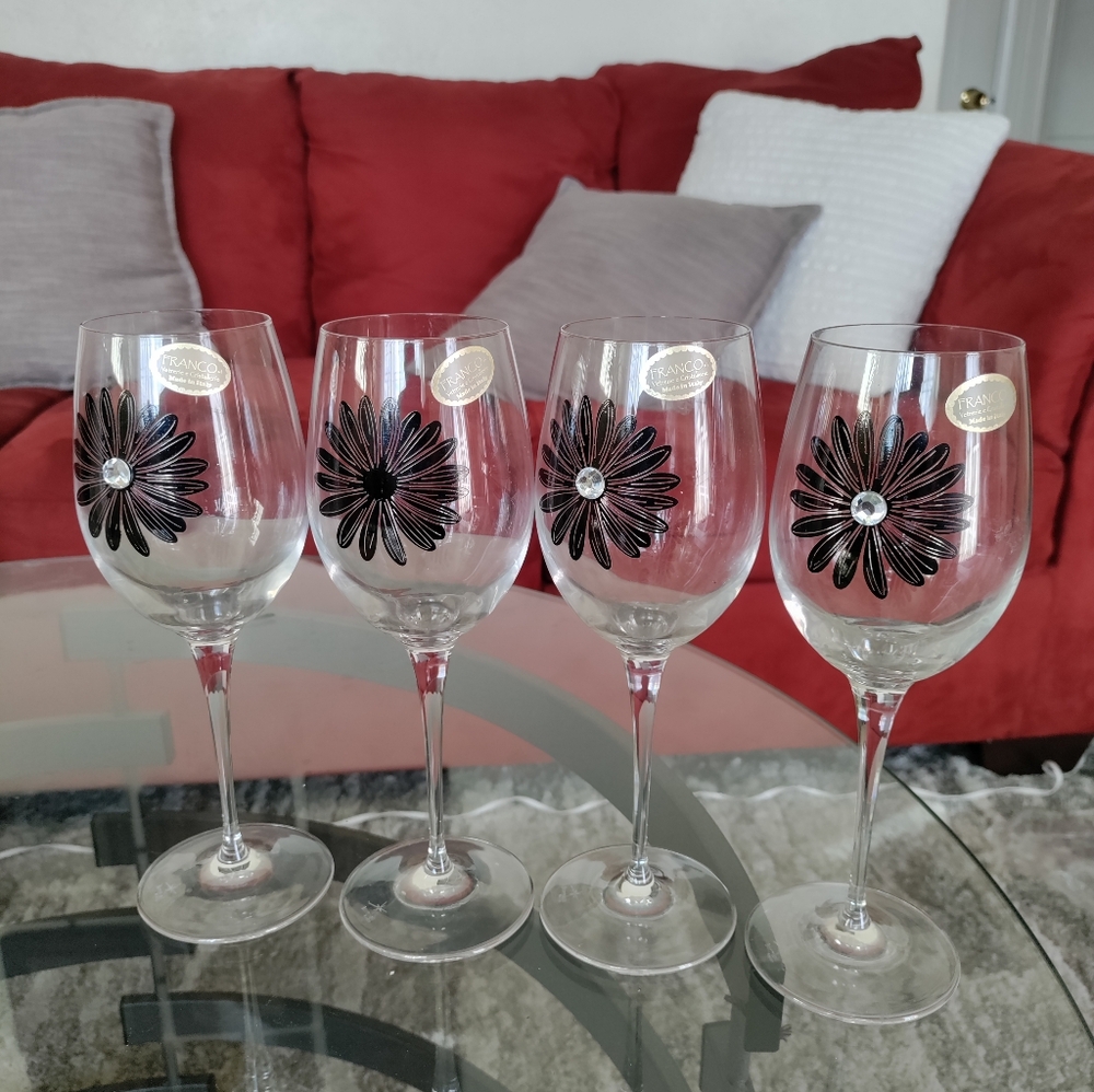 Jewelry ..4 Franco Vetrerie-e Cristallerie Jewel Black Flower Wine Glasses.Italy